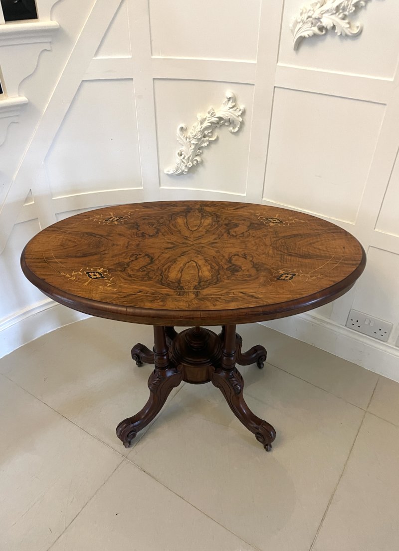 Antique Victorian Quality Inlaid Burr Walnut Oval Centre Table - Image 2